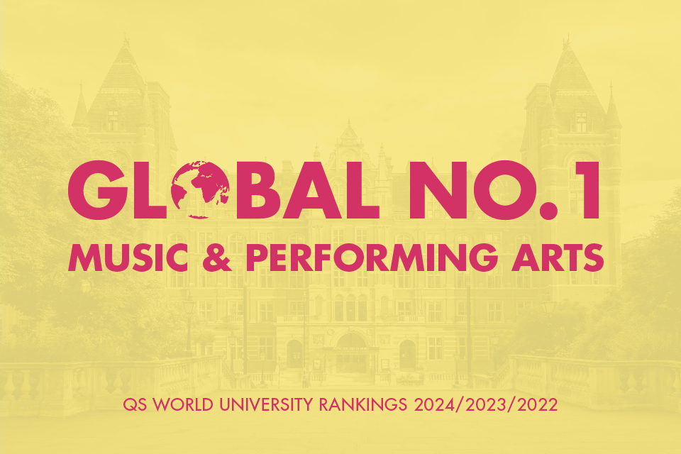 Pink words on a yellow background saying Global No.1 Music & Performing Arts, QS World University Rankings 2024 / 2023 / 2022